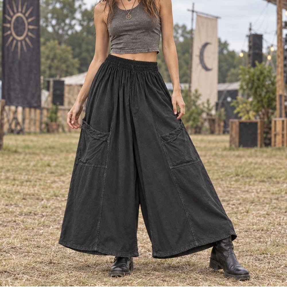 Dairi Black Cotton Rayon Wide Leg Gaucho Pants Elastic Waist Morocco 27"